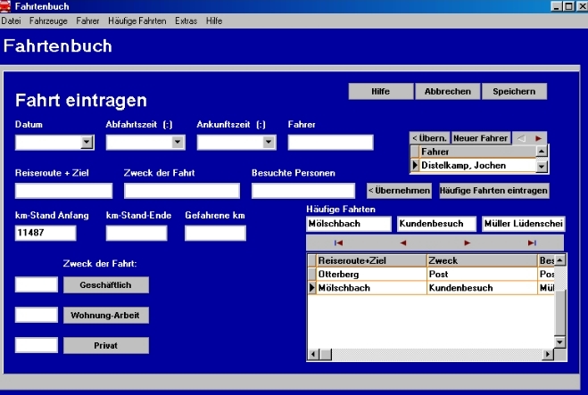 Screenshot vom Programm: Fahrtenbuch